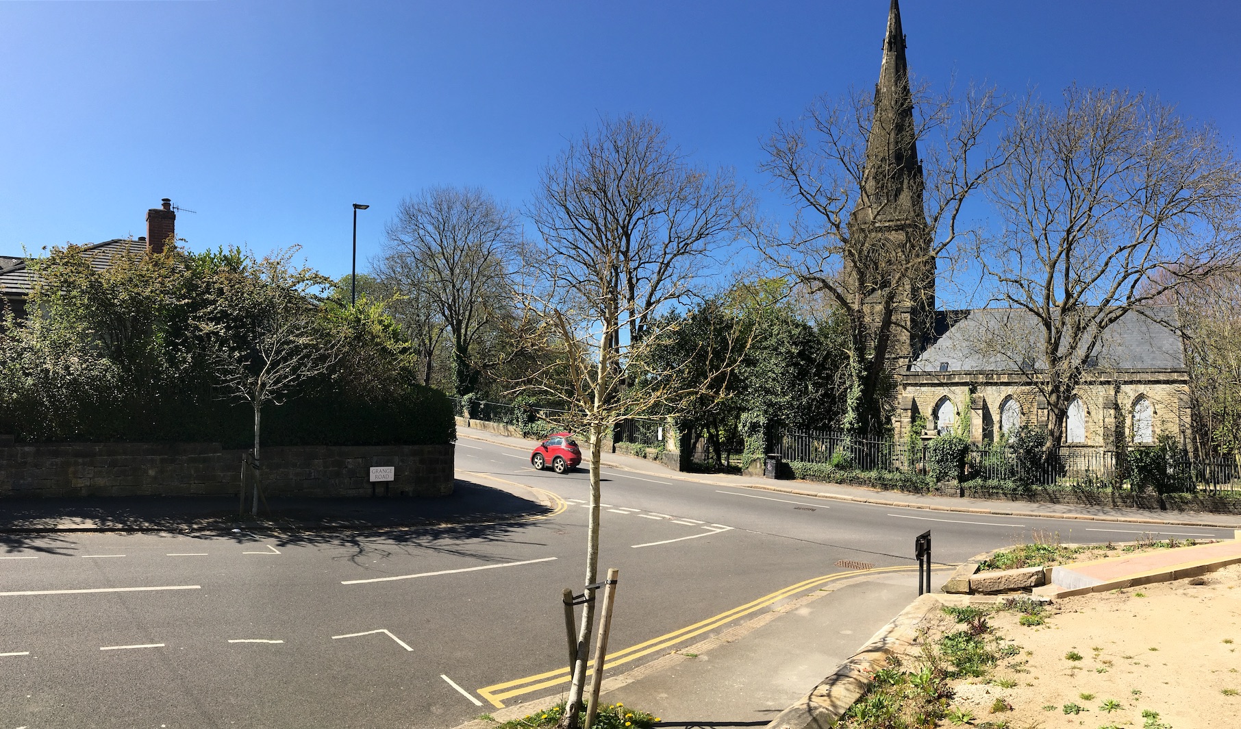 Cemetery Road in Sheffield, location of Porterbrook Dental near the church